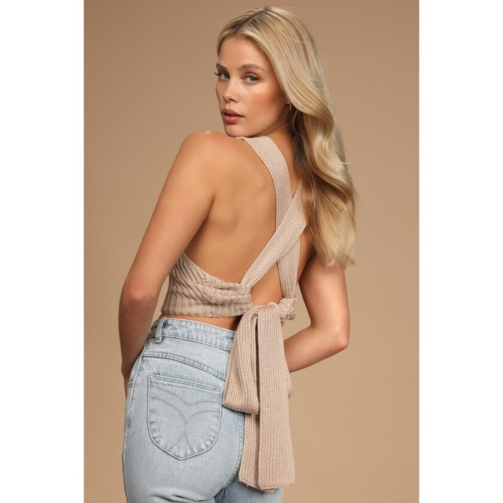 Lulus Get You Back Taupe Tie-back Cropped Sweater Tank - Size S